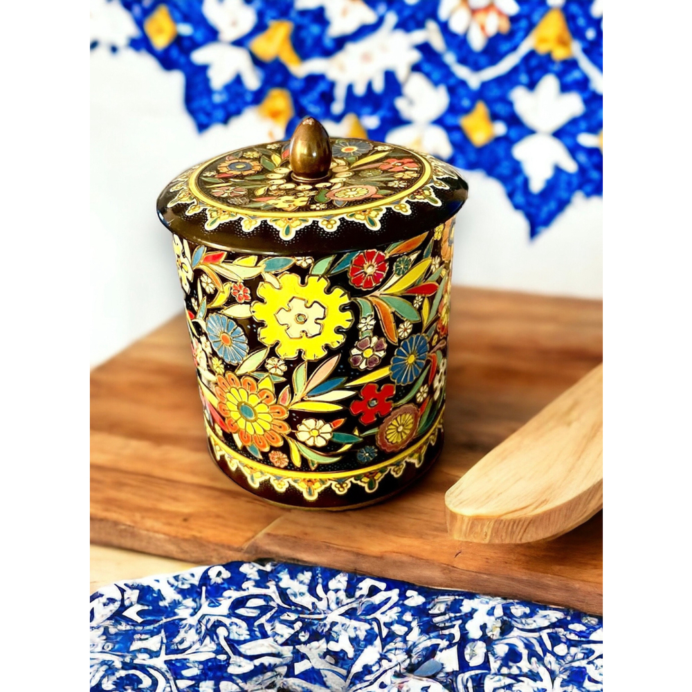 MCM Daher Vintage Stamped Floral Enamel Lidded Canister Midcentury Modern Decor - Picture 9 of 10